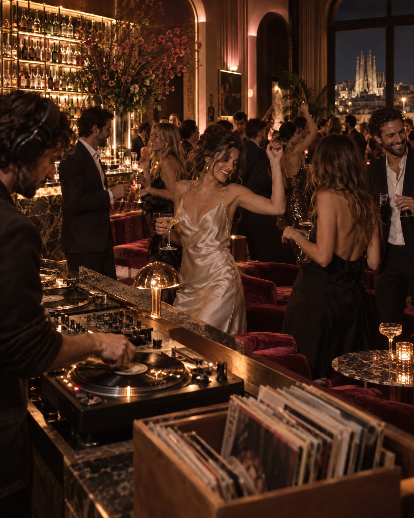 Private event in an elegant club with velvet seating and a vinyl DJ booth