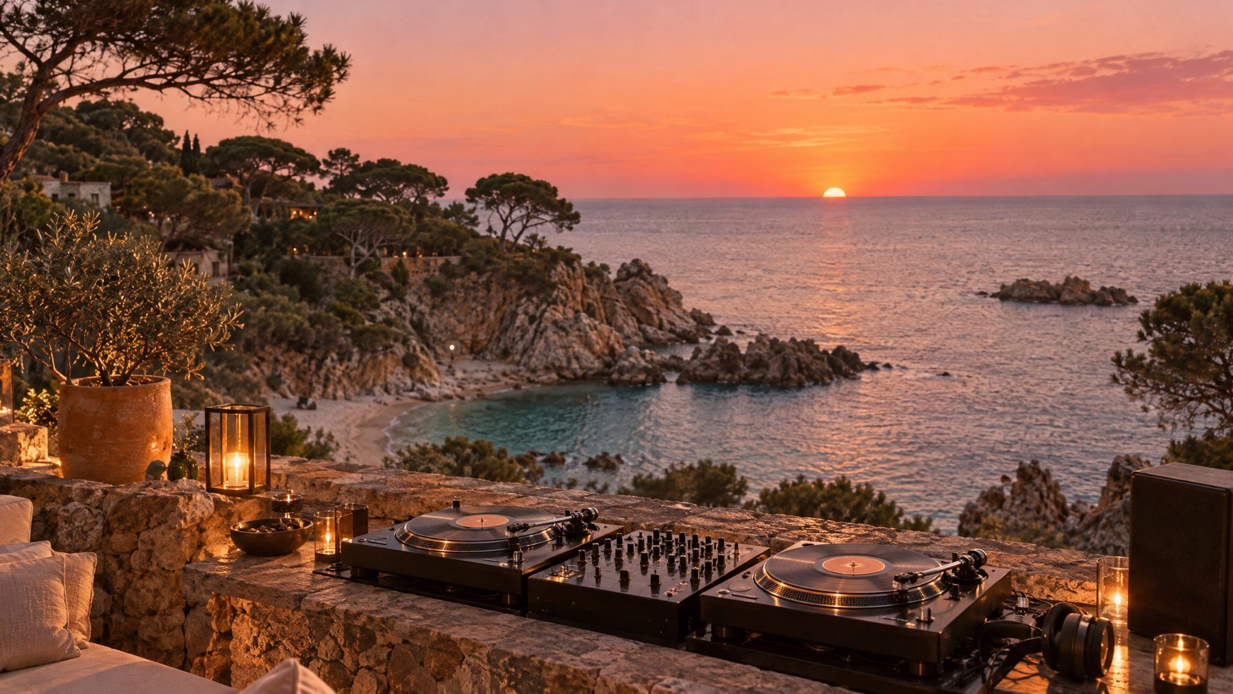 Turntables on a stone terrace above a Costa Brava cove at sunset