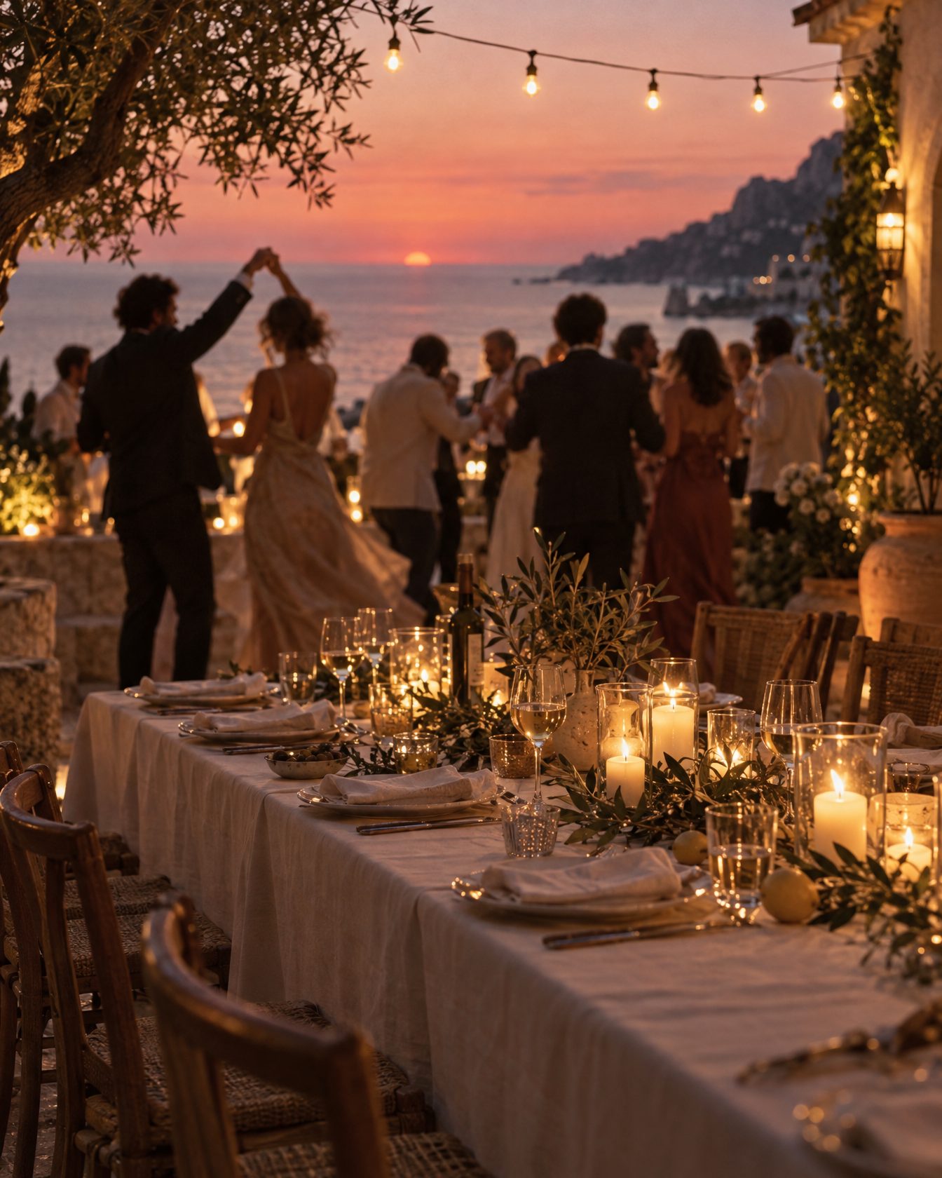 Candlelit dinner table and guests dancing as the sun sets over the Mediterranean