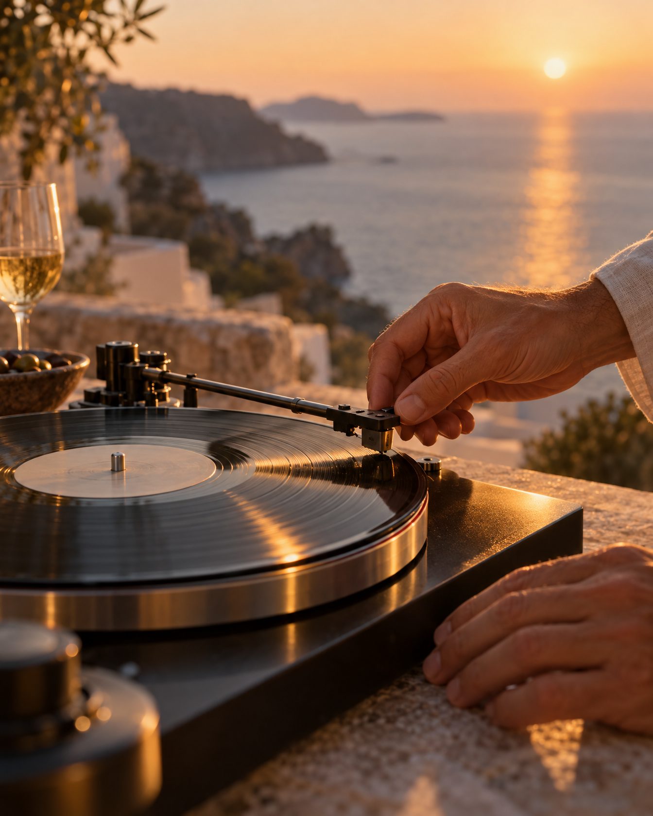 Hands lowering the needle onto a vinyl record at sunset over the sea