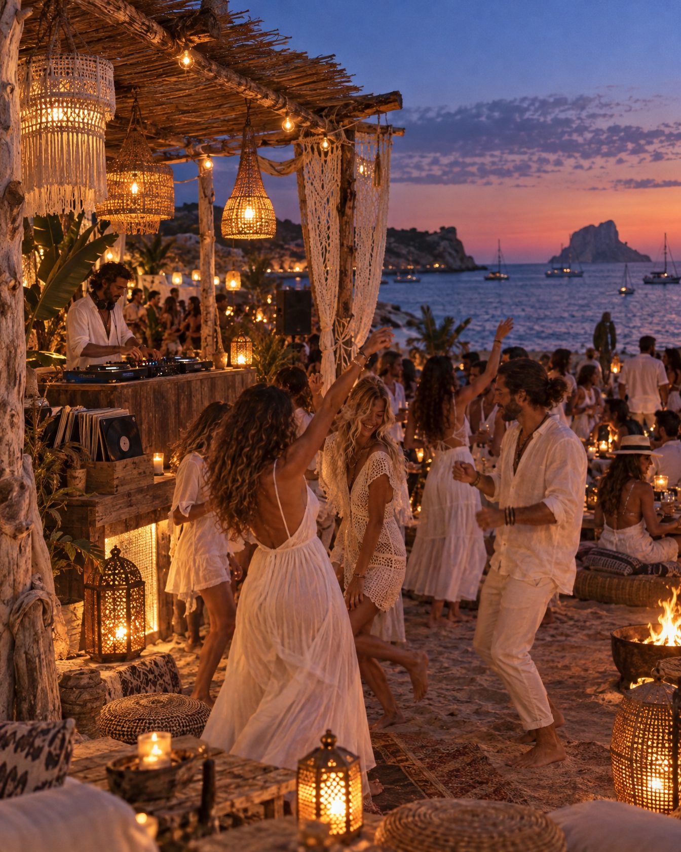Boho beach bar party at blue hour with guests in white dancing on the sand