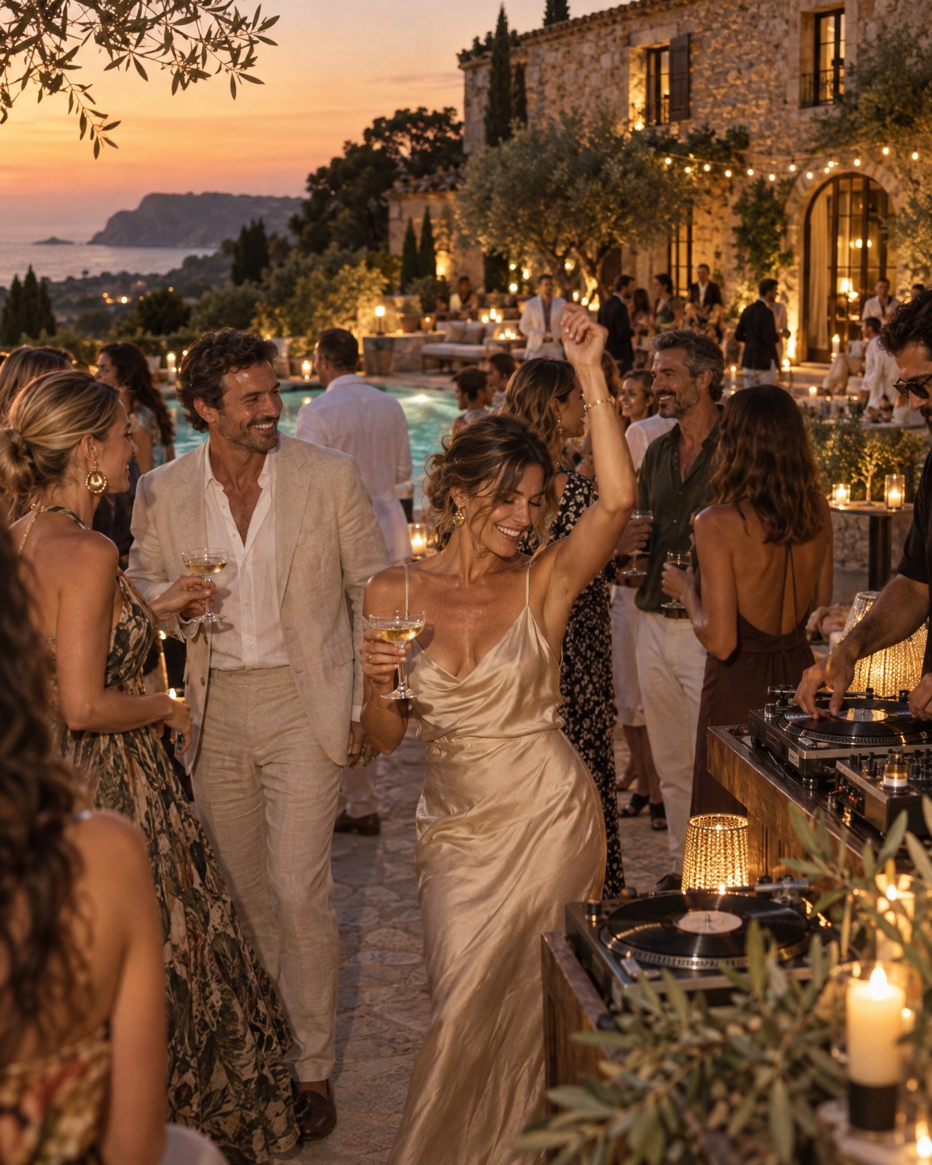 Guests dancing at a sunset party by the pool of a stone masia