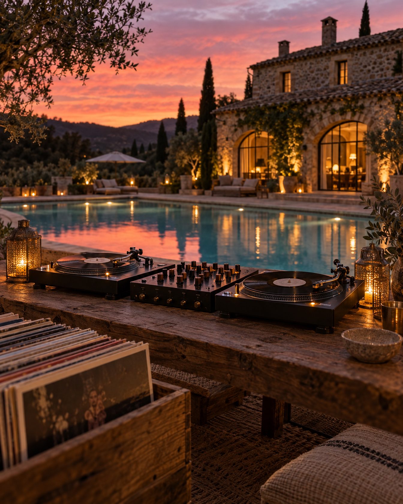 Turntables beside the pool of a lit stone masia at dusk