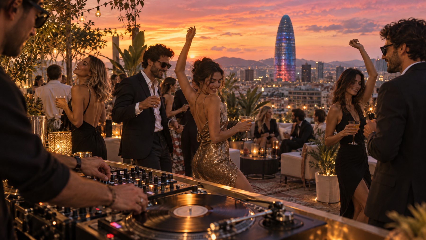 Rooftop party in Barcelona at sunset with Torre Glòries behind